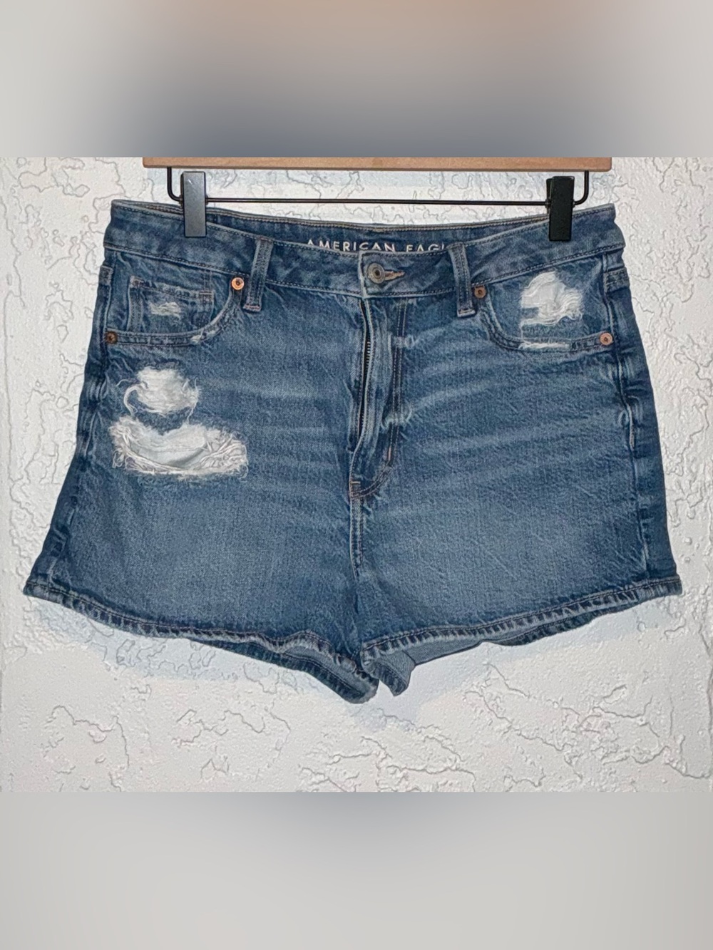 American Eagle Outfitters Women's  Blue Distressed Mom Jean Shorts